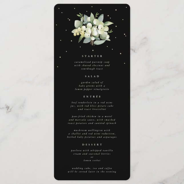 Black Snowberry+Eucalyptus 4 Course Wedding Flat Menu (Front)