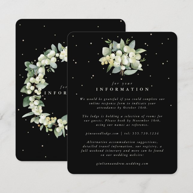 Black Snowberry+Eucalyptus Bouquet Wedding Info Enclosure Card (Front/Back)