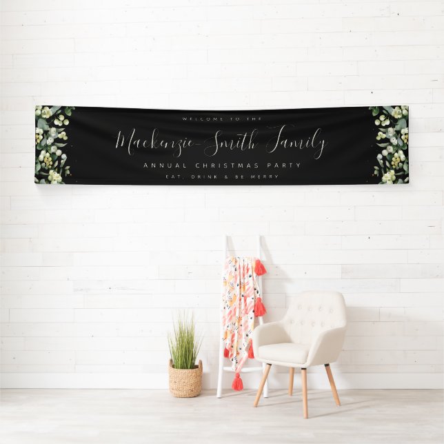 Black Snowberry+Eucalyptus Christmas Holiday Party Banner (Insitu)