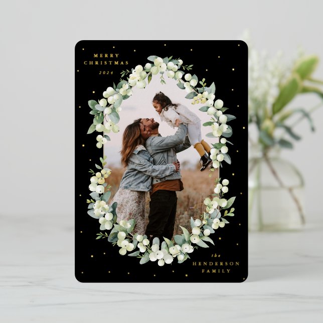 Black Snowberry+Eucalyptus Christmas Photo Foil Holiday Card (Standing Front)