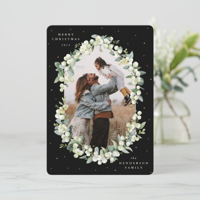 Black Snowberry+Eucalyptus Christmas Photo Holiday Card (Standing Front)