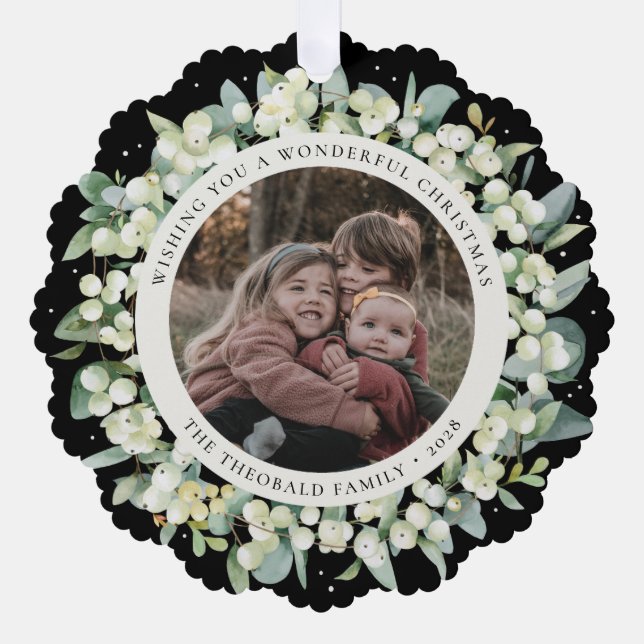 Black Snowberry+Eucalyptus Christmas Wreath Photo  Tree Decoration Card (Front)