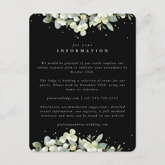 Black Snowberry+Eucalyptus Edged Wedding Details Enclosure Card (Front)