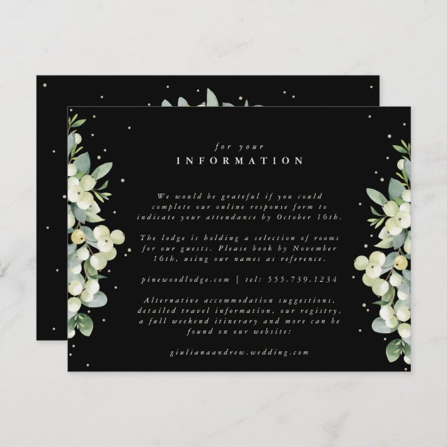 Black Snowberry+Eucalyptus Edged Wedding Info Enclosure Card (Front/Back)