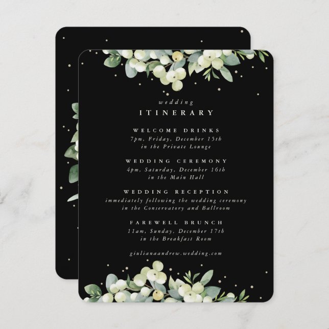 Black Snowberry+Eucalyptus Edged Wedding Itinerary Enclosure Card (Front/Back)