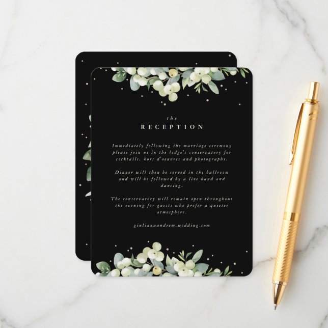 Black Snowberry+Eucalyptus Edged Wedding Reception Enclosure Card (Front/Back In Situ)