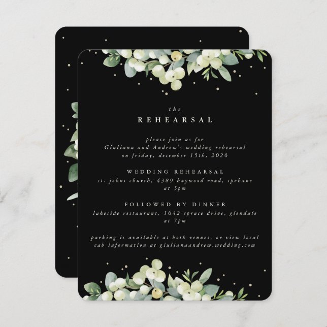 Black Snowberry+Eucalyptus Edged Wedding Rehearsal Enclosure Card (Front/Back)