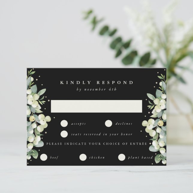 Black Snowberry+Eucalyptus Edged Wedding RSVP Card (Standing Front)