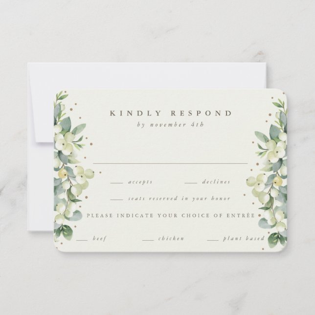 Black Snowberry+Eucalyptus Edged Wedding RSVP Card (Front)