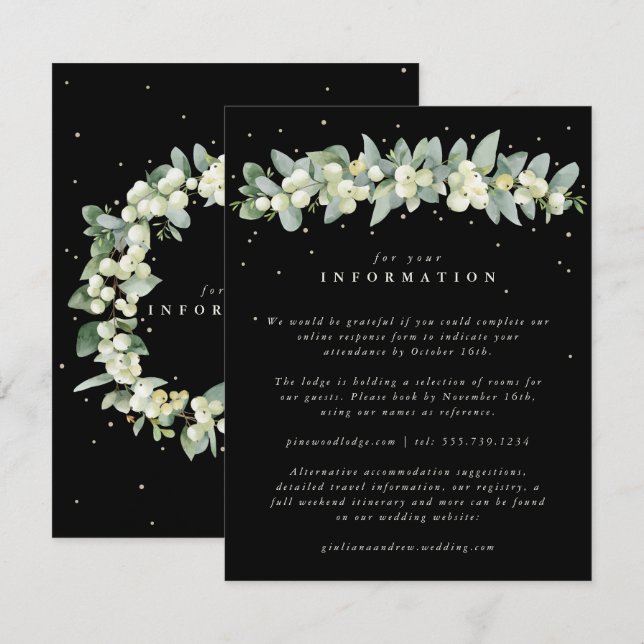 Black Snowberry+Eucalyptus Garland Wedding Info Enclosure Card (Front/Back)