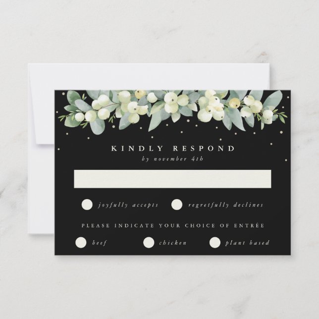 Black Snowberry+Eucalyptus Garland Wedding RSVP Card (Front)