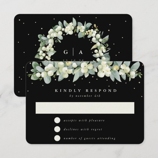 Black Snowberry+Eucalyptus Garland Wedding RSVP Card (Front/Back)
