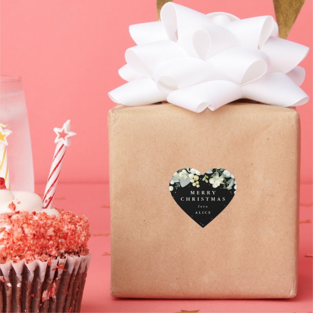 Black Snowberry+Eucalyptus Merry Christmas/Custom Heart Sticker (Party)