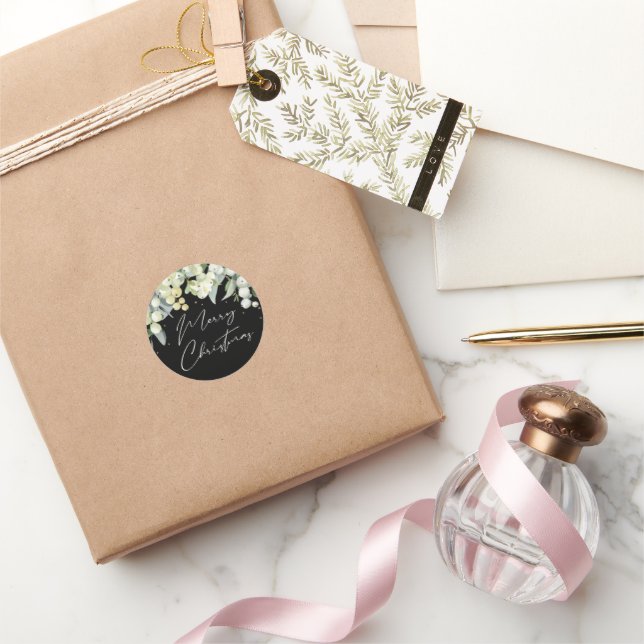 Black Snowberry+Eucalyptus Merry Christmas Holiday Classic Round Sticker (Gifting)