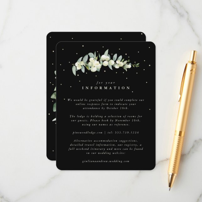 Black Snowberry+Eucalyptus Stem Wedding Details Enclosure Card (Front/Back In Situ)