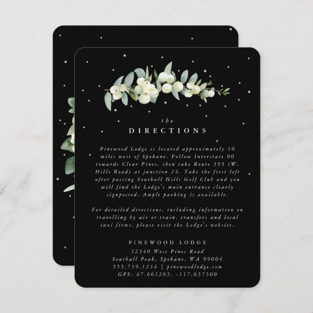 Black Snowberry+Eucalyptus Stem Wedding Directions Enclosure Card (Front/Back)