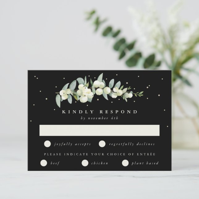 Black Snowberry+Eucalyptus Stem Wedding RSVP Card (Standing Front)