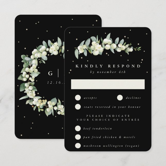 Black Snowberry+Eucalyptus Stem Wedding RSVP Card (Front/Back)