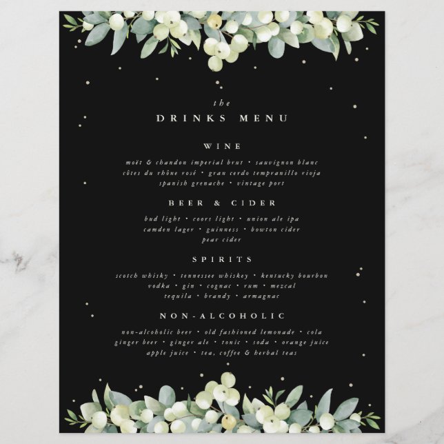 Black Snowberry + Eucalyptus Wedding Drinks Menu (Front)