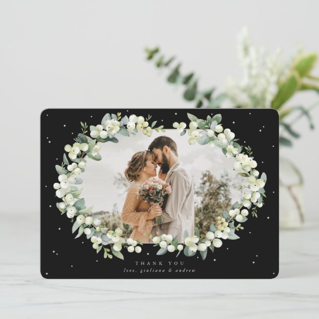 Black Snowberry+Eucalyptus Wedding Flat Photo Thank You Card (Standing Front)