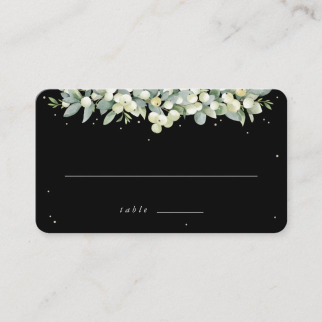 Black Snowberry + Eucalyptus Wedding Flat Place Card (Front)