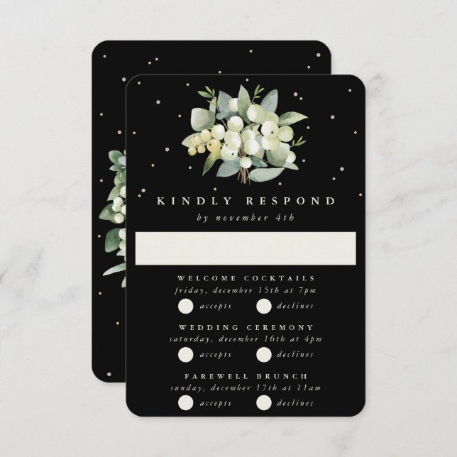 Black Snowberry+Eucalyptus Wedding Multi-Event RSVP Card (Front/Back)