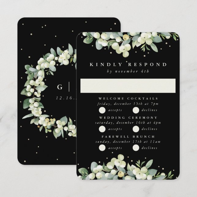 Black Snowberry+Eucalyptus Wedding Multi-Event RSVP Card (Front/Back)