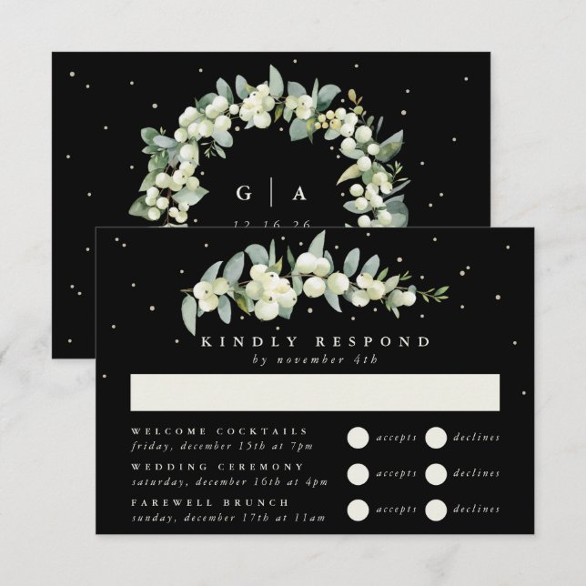 Black Snowberry+Eucalyptus Wedding Multi-Event RSVP Card (Front/Back)