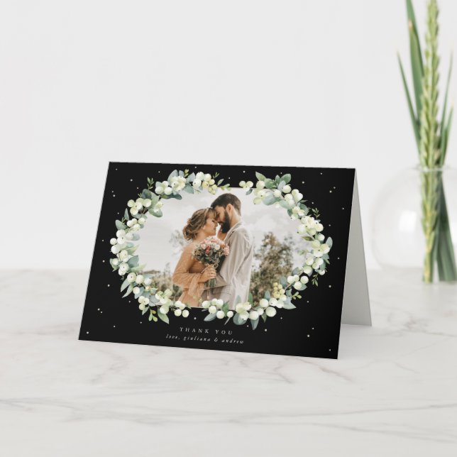 Black Snowberry+Eucalyptus Wedding Photo Thank You Card (Front)