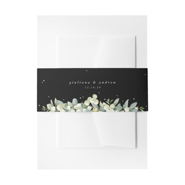 Black Snowberry+Eucalyptus Wedding Portrait Invitation Belly Band (Front Example)