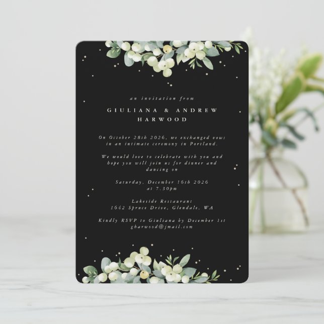 Black Snowberry+Eucalyptus Wedding Reception Invitation (Standing Front)