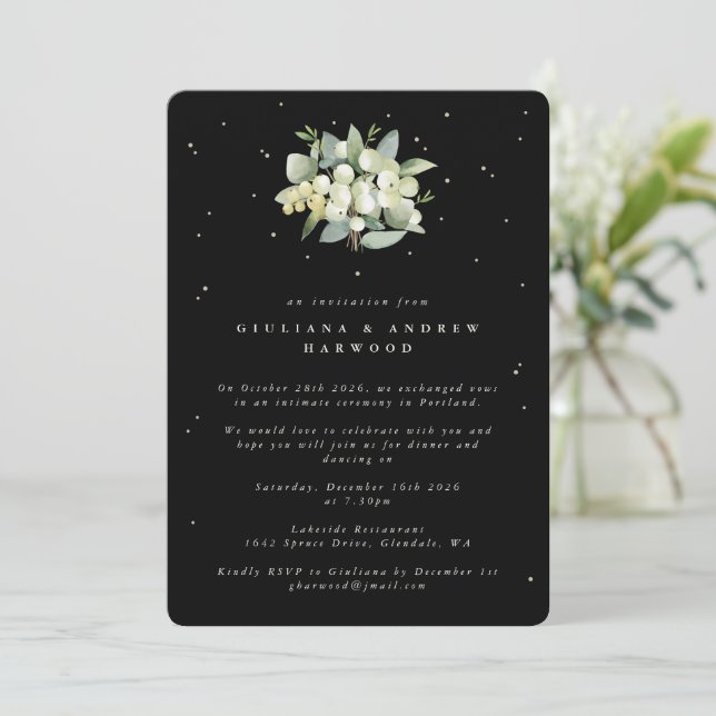 Black Snowberry+Eucalyptus Wedding Reception Invitation (Standing Front)