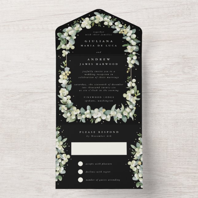 Black Snowberry+Eucalyptus Wedding Reception Only All In One Invitation (Inside)