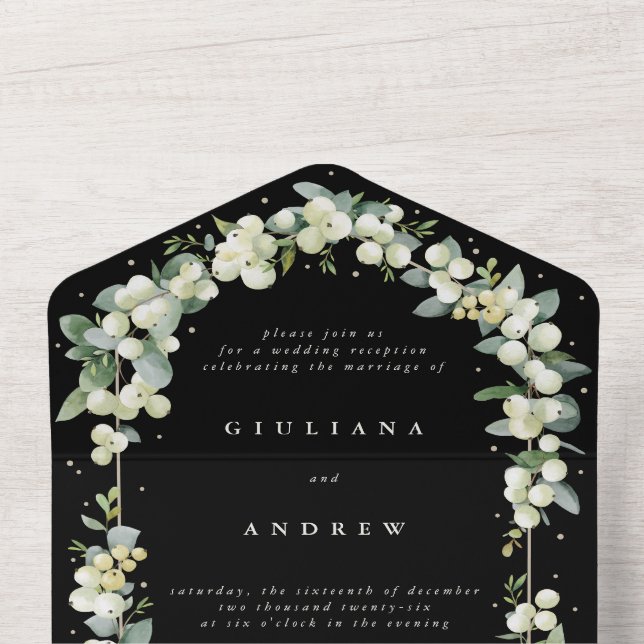 Black Snowberry+Eucalyptus Wedding Reception Only All In One Invitation (Inside Top)
