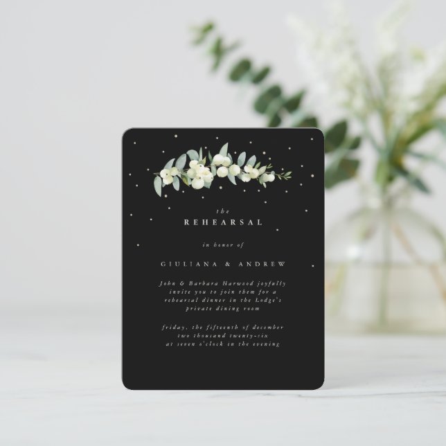 Black Snowberry+Eucalyptus Wedding Rehearsal Enclosure Card (Standing Front)