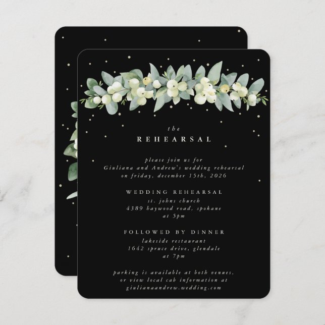 Black Snowberry+Eucalyptus Wedding Rehearsal Enclosure Card (Front/Back)