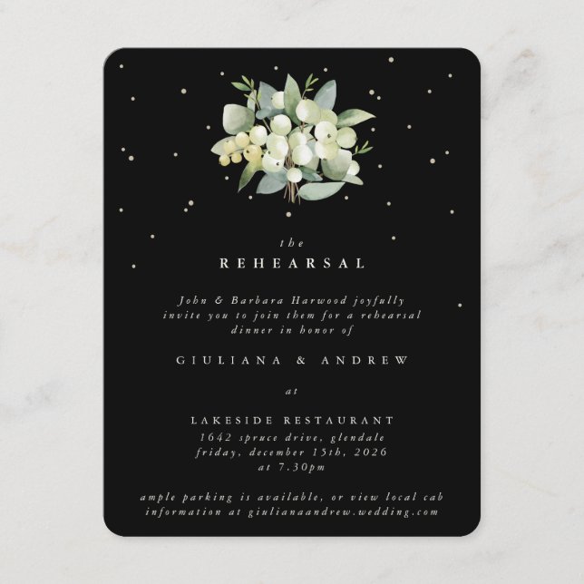 Black Snowberry+Eucalyptus Wedding Rehearsal Enclosure Card (Front)