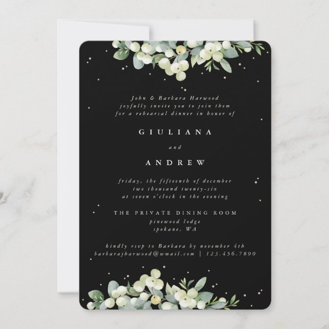 Black Snowberry+Eucalyptus Wedding Rehearsal Invitation (Front)