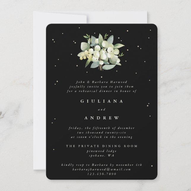 Black Snowberry+Eucalyptus Wedding Rehearsal Invitation (Front)