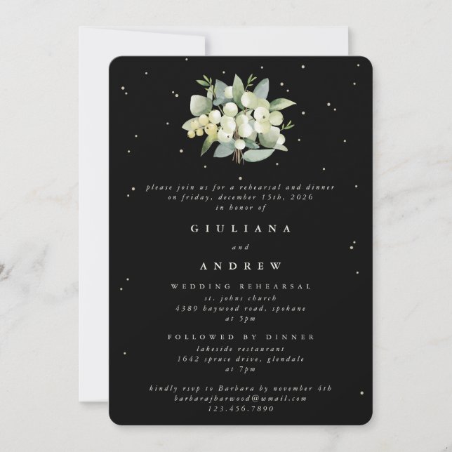 Black Snowberry+Eucalyptus Wedding Rehearsal Invitation (Front)