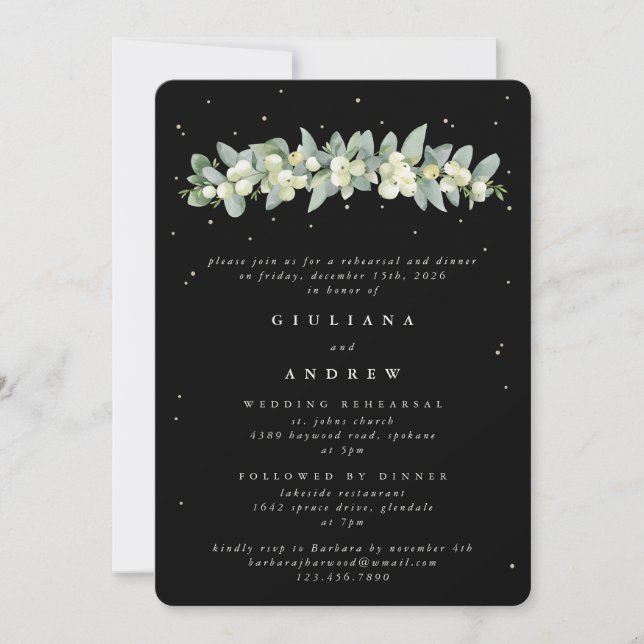 Black Snowberry+Eucalyptus Wedding Rehearsal Invitation (Front)