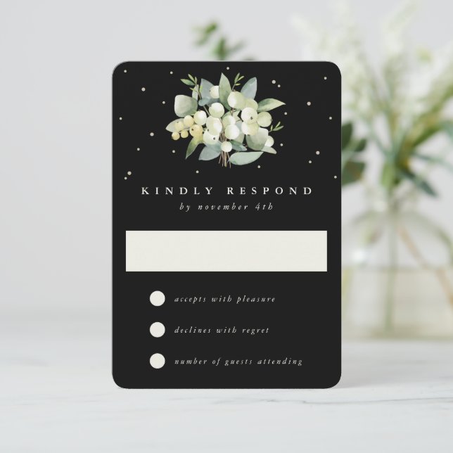 Black Snowberry+Eucalyptus Wedding RSVP Card (Standing Front)