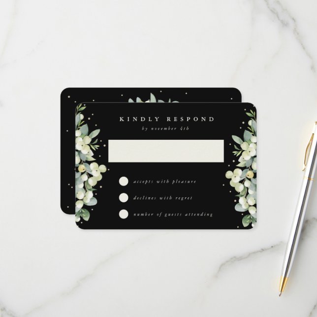 Black Snowberry+Eucalyptus Wedding RSVP Card (Front/Back In Situ)