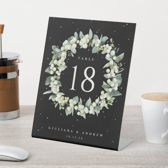 Black Snowberry + Eucalyptus Wedding Table Number Pedestal Sign (In SItu)