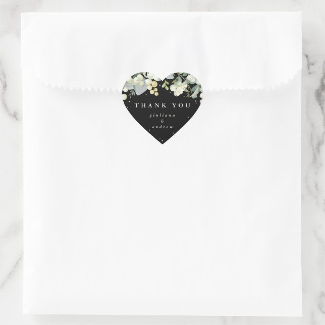 Black Snowberry+Eucalyptus Wedding Thank You Heart Sticker (Bag)