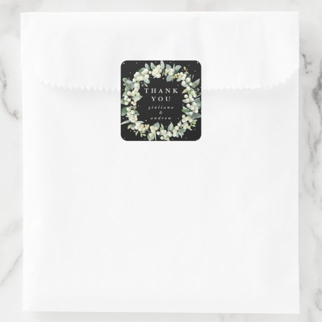 Black Snowberry+Eucalyptus Wedding Thank You Square Sticker (Bag)
