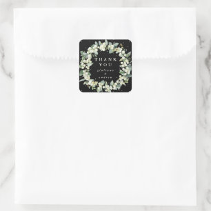 Black Snowberry+Eucalyptus Wedding Thank You Square Sticker