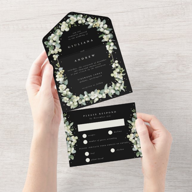 Black Snowberry+Eucalyptus Winter Wedding All In One Invitation (Tearaway)