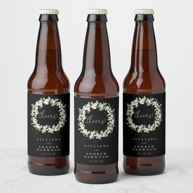 Black Snowberry+Eucalyptus Winter Wedding Beer Bottle Label (Bottles)