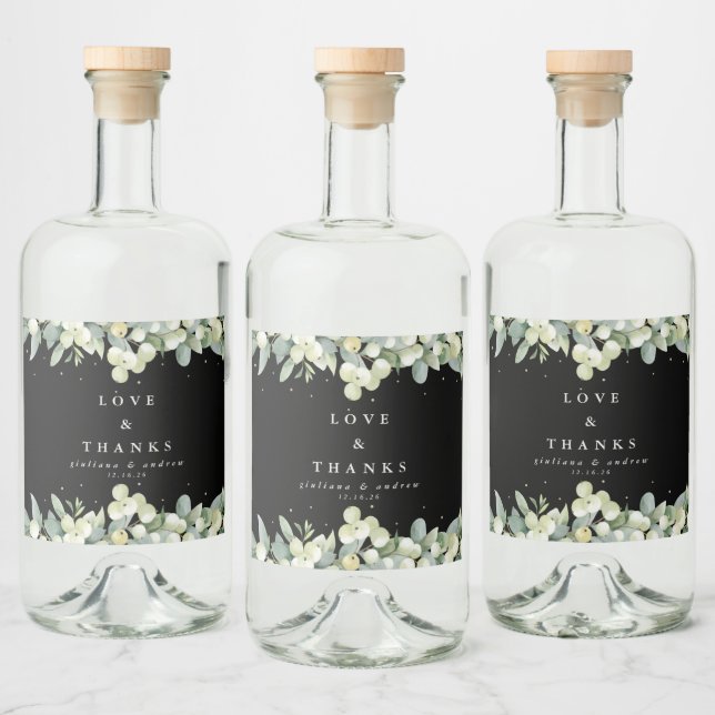 Black Snowberry+Eucalyptus Winter Wedding Liquor Bottle Label (Bottles)